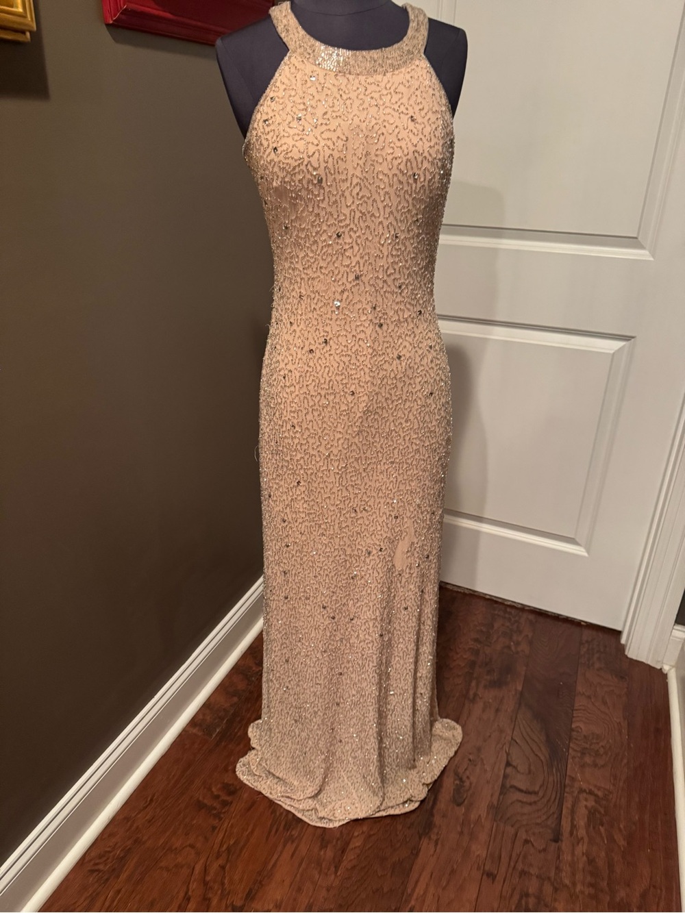 Adrianna Papell Nude Beaded Halter Evening Gown